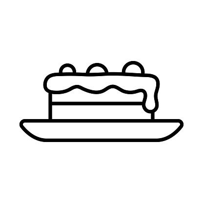 Cake on a saucer icon. Pie. Black contour linear silhouette. Front side view. Editable strokes. Vector simple flat graphic illustration. Isolated object on a white background. Isolate.