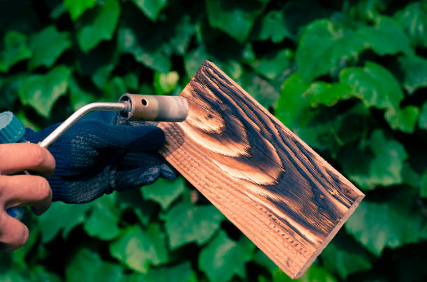 charpentier professionnel utilisant une technique traditionnelle ancienne. brûler des planches de bois avec un brûleur à gaz - gas fitter photos photos et images de collection
