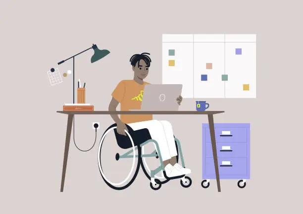 Vector illustration of A young African person using a wheelchair works at a desk in the office