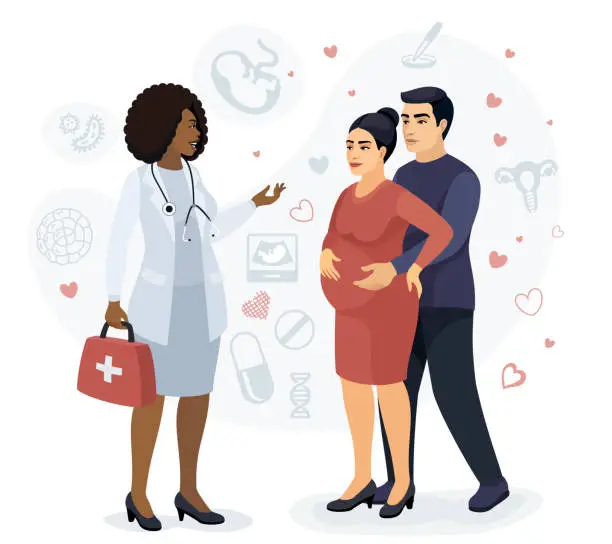 Vector illustration of Obstetrician consulting a pregnant woman offering advice to future parents