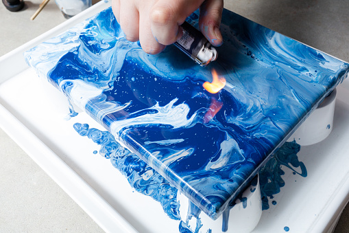 Woman Making Art - Acrylic Pour Abstract Art - Blue Marble