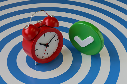 Red Alarm Clock with Green Check Mark on a Blue Target Background. 3d Rendering