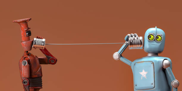 istock Retro two robots talking on tin can phones. 3d render 1478430519