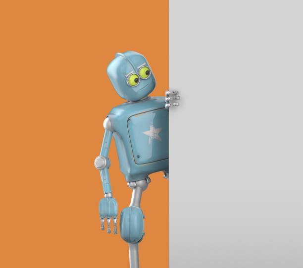 istock Robot Cartoon funny 3D video render - look, isolate on orange 1478430524