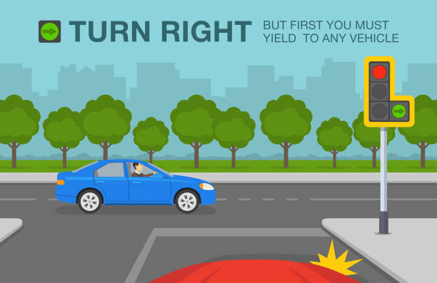 Traffic light with green arrow signal. Car is about to turn right after giving way to other vehicle. Right turn permitted sign. Driving a car. Traffic light with green arrow signal. Car is about to turn right after giving way to other vehicle. Right turn permitted sign. Flat vector illustration. major cities stock illustrations