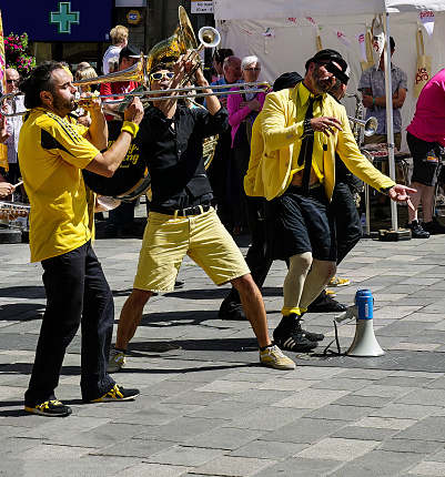 Durham, County Durham, July 13th 2018 - Streets of Brass - Some of the world’s top brass-orientated bands and street musicians performed at BRASS 2018, a ten-day extravaganza at Durham, UK