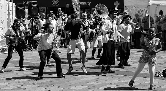 Durham, County Durham, July 13th 2018 - Streets of Brass - Some of the world’s top brass-orientated bands and street musicians performed at BRASS 2018, a ten-day extravaganza at Durham, UK