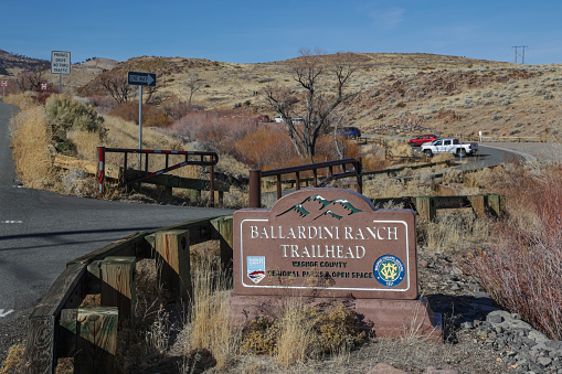 Reno, Nevada, United States – January 10, 2021: The Ballardini Ranch Trailhead area is a parking lot and collection of hiking and biking paths maintained by the parks department in Reno.