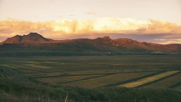 istock View of green agricultural fields before the mountains under a cloudy sunset sky 1478435685