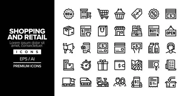 Vector illustration of Shopping and Retail Editable Stroke Line Icon Set Series
