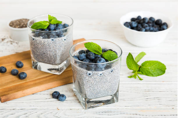 istock Healthy breakfast or morning with chia seeds vanilla pudding and blueberry berries on table background, vegetarian food, diet and health concept. Chia pudding with coconut milk and blueberry 1478437053