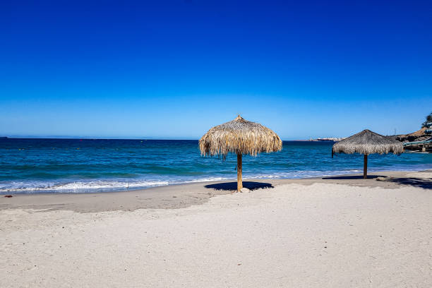 istock Empty beach with two palapas on sand, sea and the horizon in background 1478437297