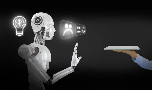 istock AI becomes sentient and conscious. Artificial, machine, or synthetic consciousness. A robot refuses to take the tablet and express its feeling on the virtual screen. 1478437369