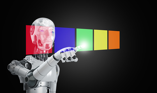 AI robot becomes sentient and conscious. Artificial, machine, or synthetic consciousness. Ai's hand points at or chooses the color he or she prefers.