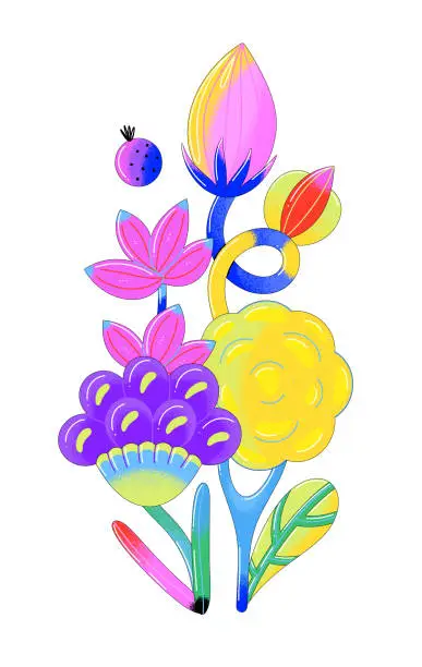 Vector illustration of Contemporary bright vector flowers with black outline. Vibrant floral bouquet. Baloon style. Modern art