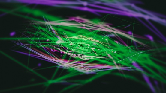 An abstract 3D render background of interconnecting green and purple futuristic sci-fi holographic webs