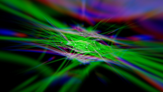 An abstract 3D rendered background of interconnecting green and blue futuristic sci-fi holographic webs