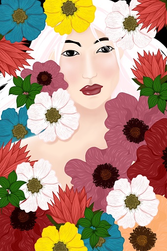 illustration of a woman's face with white hair surrounded by colorful flowers of various shapes