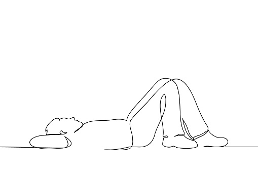 man lying on his back with his legs bent - one line drawing vector. concept to wallow, procrastinate, lie down