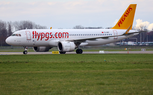 TC-NCF Pegasus Airbus A320-251N arriving on Rotterdam The Hague Airport in the Netherlands