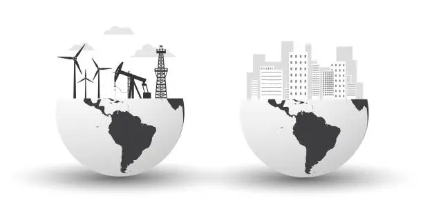 Vector illustration of Globes - Wind turbines, Oil rigs, Cityscape