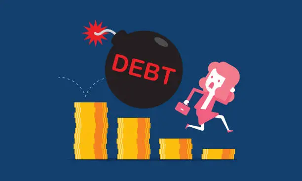 Vector illustration of Businesswoman running away from debt