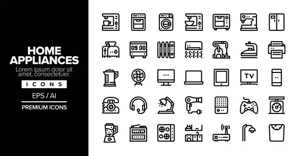 Vector illustration of Home Appliances Editable Stroke Line Icon Set Series