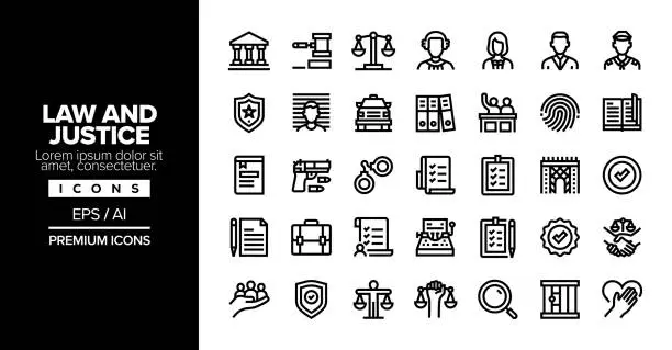 Vector illustration of Law And Justice Editable Stroke Line Icon Set Series