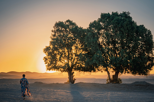 asian chinese woman walking rear view backlit sunrise at Sahara Desert