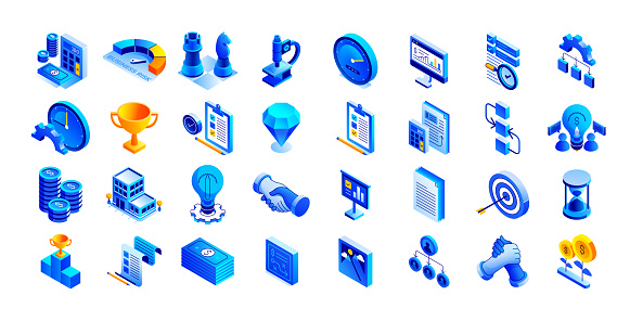 Vector Illustration of Business Analysis Isometric Icon Set and Three Dimensional Design.