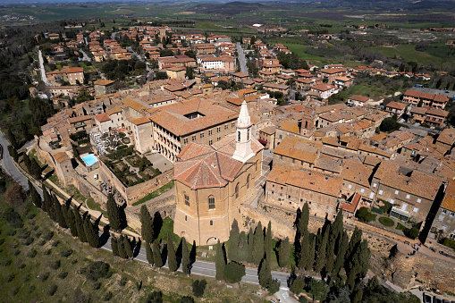 Aerial photographic documentation of the medieval village of Pienza Siena Italy