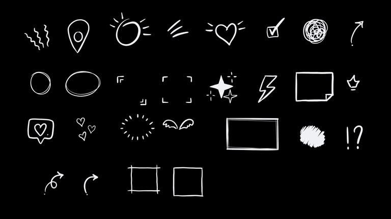 Set of hand drawn white, simple, moving doodles, objects isolated on a black background. All of question mark, rounds, arrows, hearts, exclamation, sketches, frames have a different energy and prettiness. Perfectfor creative and inspiring projectes.
