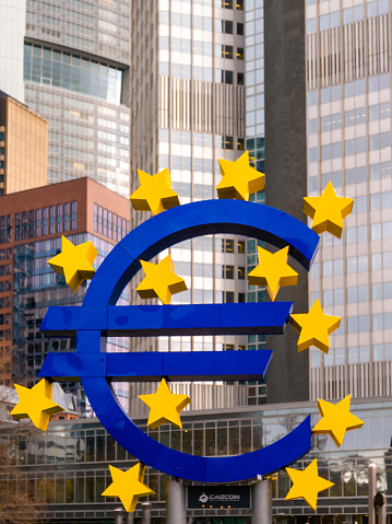 Frankfurt am Main, Germany - January 29, 2023: Giant Euro sign symbolizing the European financial market and Eurozone at European Central Bank headquarters business district in Frankfurt am Main.