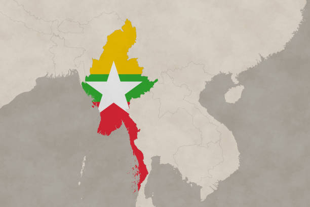 ilustrações, clipart, desenhos animados e ícones de série de mapas da ásia com mianmar, papel velho, com bandeira - burmese flag