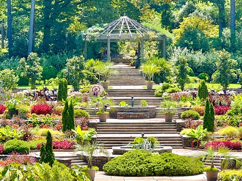 Durham, United States – July 03, 2022: A Gazebo and flower gardens at Sarah Duke Gardens in Durham, NC