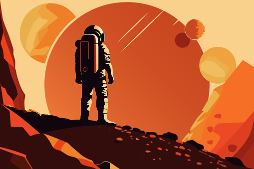 Human Space Colonisation Poster. Astronaut on the Surface of Unknown Planet.