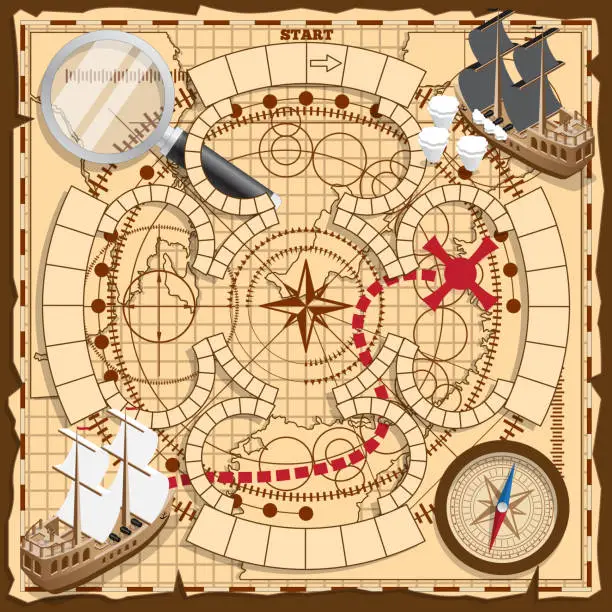 Vector illustration of Board game on a pirate map.