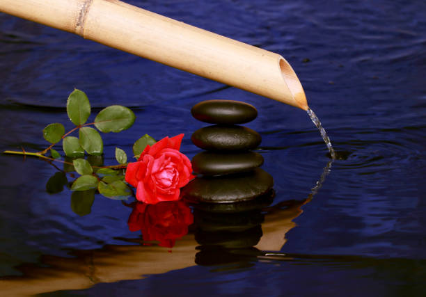 Water flowing out of Bamboo, making ripples, with black Zen Stones and a red rose.