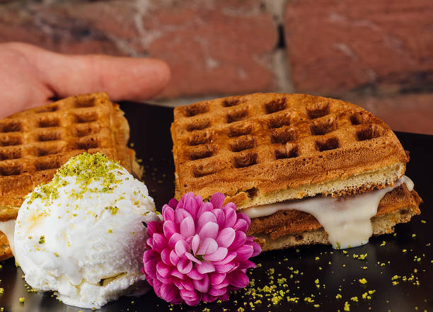 istock Belgian waffles with ice cream in black plate 1478461186
