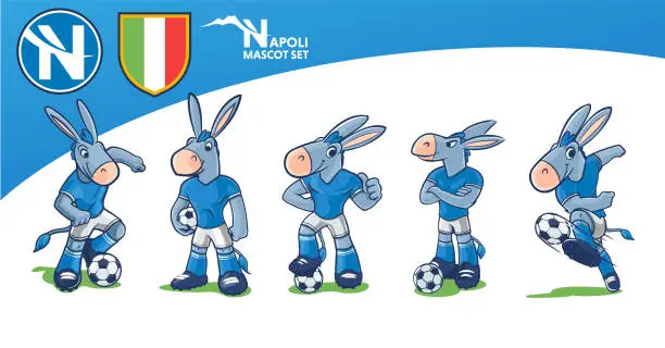 Vector illustration of donkey blue color football mascot set