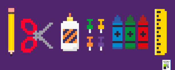 istock Pixel art style education icons. Office equipment. Back to school. Isolated vector illustration. Stationery and school supplies. Design for stickers, app and logo. 8 bit. Pencil. Scissors. Crayons 1478462079