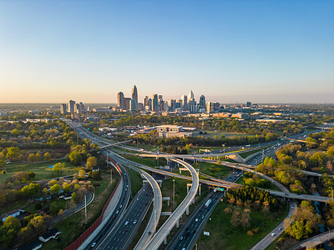 Charlotte NC Aerial | I-77 and I-485 Highways a Sunny Morning with Uptown Charlotte View