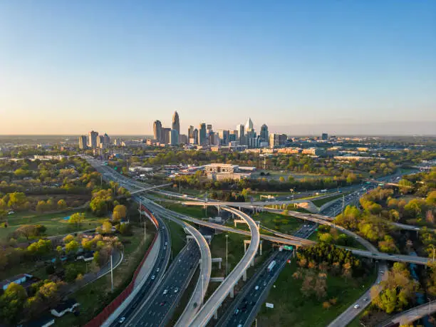 Photo of Charlotte NC Aerial | I-77 and I-485 Highways a Sunny Morning with Uptown Charlotte View