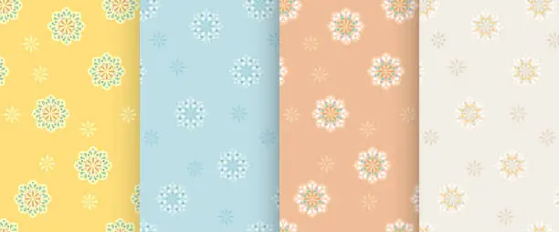 Vector illustration of Abstract floral backgrounds collection. Set of seamless patterns with stylised flowers in yellow, blue, brown and grey colors. Vector illustration.