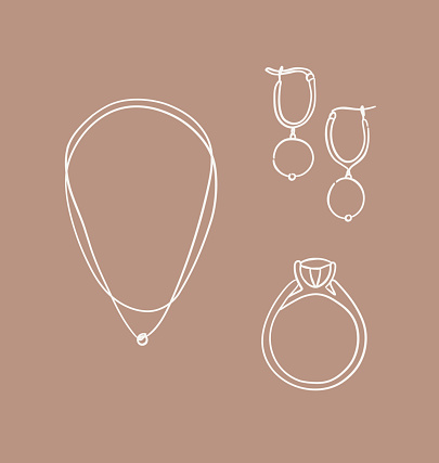 Women jewelry for daily use in handdrawing style on brown color background.