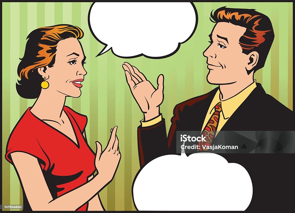 Styl Retro mężczyzna i kobieta rozmawiają - Grafika wektorowa royalty-free (Komiks)
