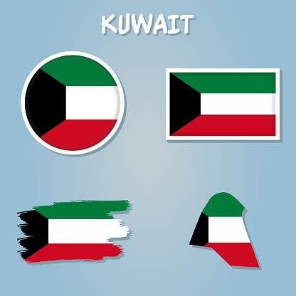 High resolution Kuwait map with country flag, flag of the Kuwait  overlaid on detailed outline map isolated.