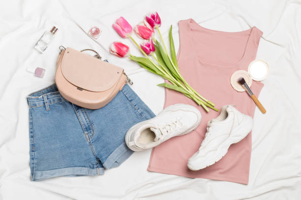 istock Stylish summer outfit on white sheet background, top view 1478469152
