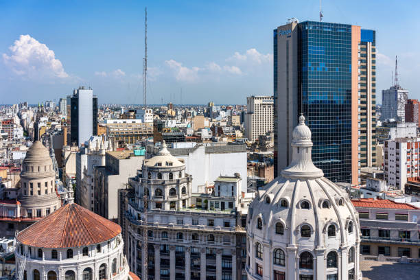 Stunning panoramic view of Buenos Aires' iconic skyline, featuring a mix of modern and historic architecture set against the backdrop of the South American city. This photo captures the energetic and cosmopolitan vibe of Buenos Aires, making it an ideal addition to any travel or tourism campaign.