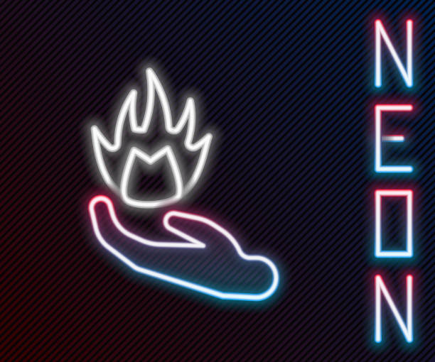 istock Glowing neon line Hand holding a fire icon isolated on black background. Colorful outline concept. Vector 1478476685